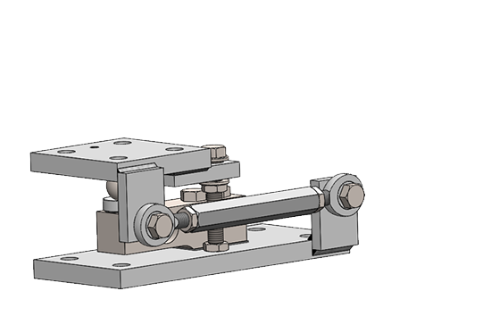 Graue 3D-Darstellung einer mechanischen Baugruppe mit mehreren rechteckigen Platten, Schrauben und einer zylindrischen Stange auf einem einfarbigen, grauen Hintergrund.