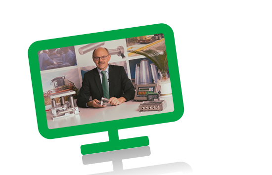 Grüner, stilisierter Computerbildschirm auf grauem Hintergrund, der ein Bild mit mehreren Produktfotos und einer Person zeigt
